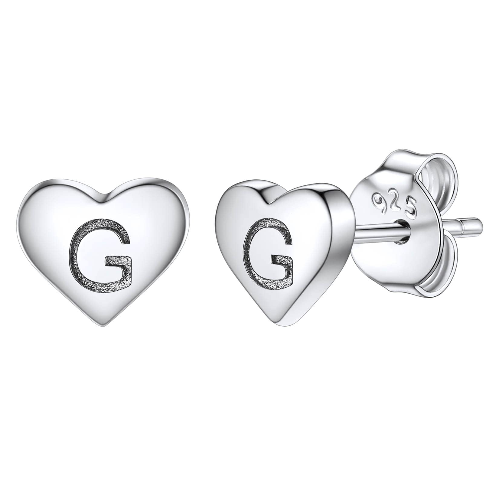 Studs Earrings for Women, S925 Sterling Silver Heart Initial Letter G Small Tiny Earrings for Girls Ladies Mum Daughter Sisters Friends Lover Hypoallergenic Silver Jewellery with Gift Box