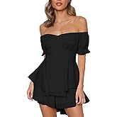 Womens Off Shoulder Boho Short Romper Ruffle Chiffon Tie Waist Shorts Jumpsuit Playsuits
