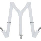 1 Inch Suspenders For Men Y Shape Suspender Set with 3 Strong Clips Adjustable Braces, Y Shape with Strong Clips Adjustable Elastic Solid Color 1 Inch Wide Y-Shapes Costume Suspenders, White