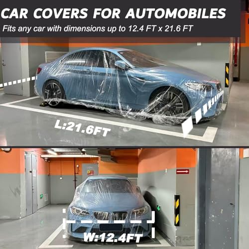 4Pack- Universal Disposable Car Cover Waterproof All Weather, Clear Plastic Car Cover, Car Covers for Automobiles Light Weigh, Rain Dust Garage Cover with Elastic Band (LL 15.7 Ft * 24.6 Ft)
