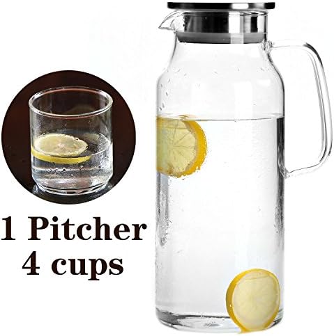 Cupwind Explosion-Proof Heat Resistance 68 oz Borosilicate Glass Water Carafe Pitcher with Stainless Steel Infuser Lid x Set of 4 Glass Beer Drinks cups 8.5 oz