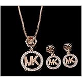 YINLI MK Etched Monogram Disc with Michael Kors Pendant Necklace and Earrings Jewelry Set 18