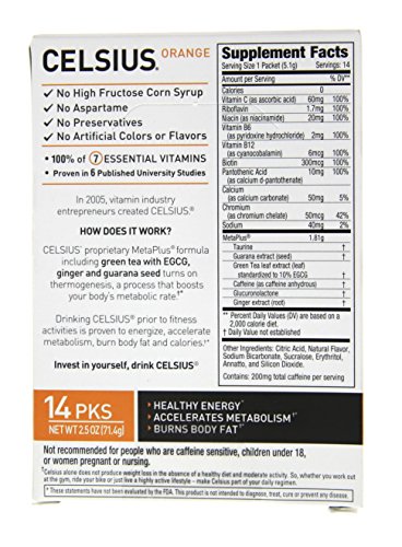 CELSIUS Orange On-the-GO Powder Stick Packs, ZERO Sugar (14 Sticks per Pack)
