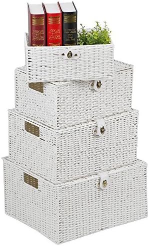 go2buy Woven Nesting Storage Baskets Multipurpose Laundry Organizer Box Bin With Lid &amp; Lock White