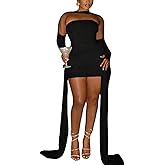 Women Sexy Strapless Tube Top Mesh Layered Mini Dress Bodycon Ruched Side Ribbons Bandage Dress Birthday Dresses