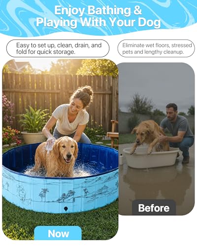 JEASONG Foldable Paddling Pool for Dogs, Thickened Anti-Scratch PVC Garden Dog Bath Swimming Pool, Non-Slip Outdoor Summer Water Play Pool for Dog, Small Medium Large Dog Pool (160x30cm)