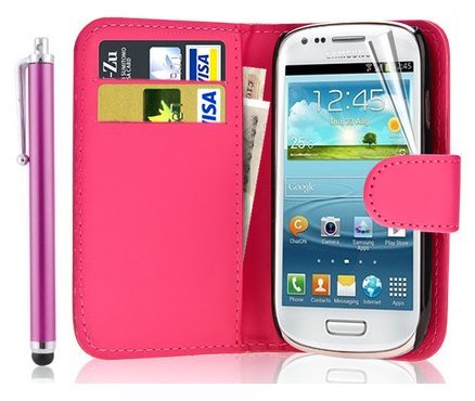New Leather Wallet Flip Case Cover Pouch for Samsung Galaxy S4 Mini GT-i9190 GT-i9192 GT-i9195 Mini WITH FREE SCREEN GUARD + STYLUS PEN (Pink)