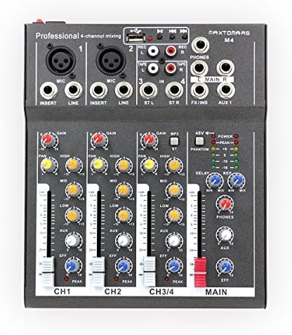 MAXTOMARS M4 4-Channel Mixer with USB Input Mic-Line Professional Audio Mixing Console