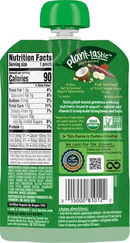 GERBER ORGANIC BABY FOOD POUCHES, TODDLER, PLANT-TASTIC, BERRY HARVEST FUSION, FRUIT & YOGURT ALTERNATIVE WITH OAT & COCONUT MILK, NON-DAIRY, 3.5 OZ
