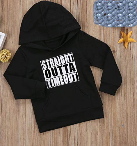 FaMommiesBB Toddler Newborn Baby Boys Girls Straight Outta Timeout Hooded Sweatshirt Top with Kangaroo muff Pockets (Black, 1-2 Years)