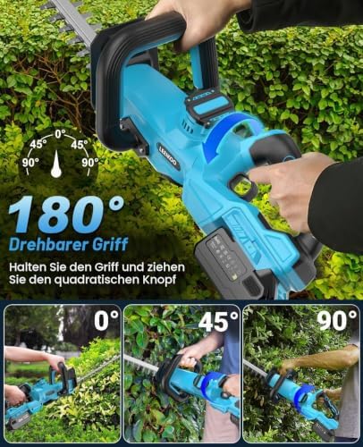 Heckenschere Akku, Heckenschere Elektrisch mit 4000mAh Akku, 180° Verstellbare Heckenschere, 51 cm Klingenlänge, 16 mm Zahnabstand, Klingenabdeckung für Hecken, Äste, Sträucher, Zweige