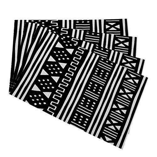 Mugod Placemats Afrocentric White Black African Mudcloth Mudprint Decorative Heat Resistant Non-Slip Washable Place Mats for Kitchen Table Mats Set of 4 12"x18"