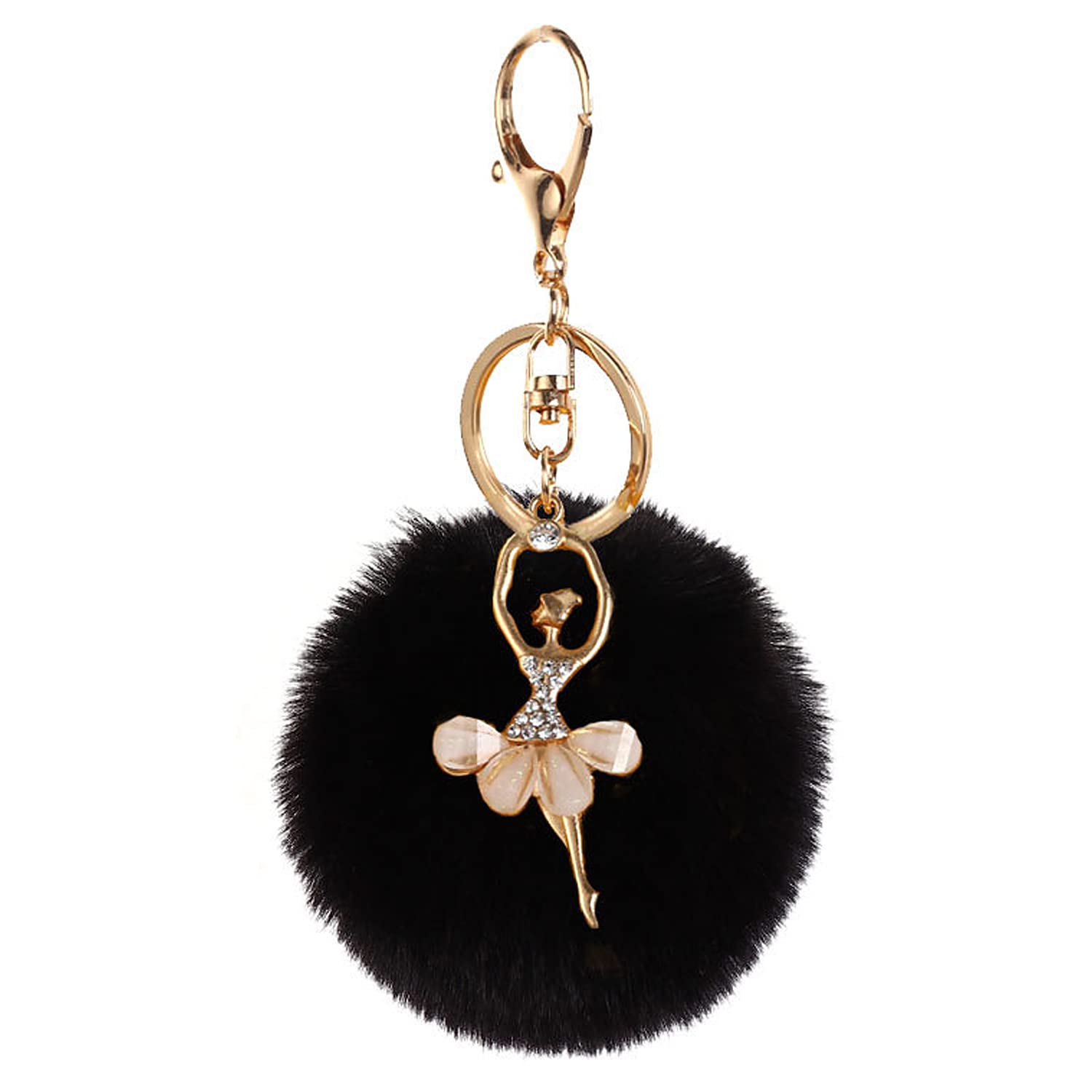 Shining crown Pom Pom Keychain Dancing Angel Fluffy Fur Ball Keyring Pendant Accessory Charm for Women Handbag Car Key with Giftbox,Black