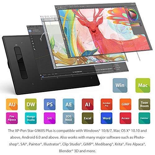 XP-PEN G960S Plus Graphic Tablet 9 x 6 Inch Stylus Pen 8192 Levels with Digital Eraser and 60 Degree Tilt Compatible with Windows Mac Android