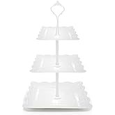 CNDNO 3 Tier Cupcake Stand, Durable Plastic 3 Tier Serving Tray for Cupcake, Fruit, Chocolate, Cookies, Square White Embossed Tiered Tray Stand for Wedding, Baby Shower, Party