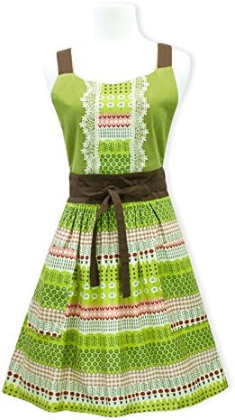 Home Bene 100% Cotton Fiona, Cute X-back Kitchen Apron for Women, Cooking Apron Beautiful Laces, Waist Ties, Two side Pockets, Cooking, Baking, Barbecuing, Gardening, Green