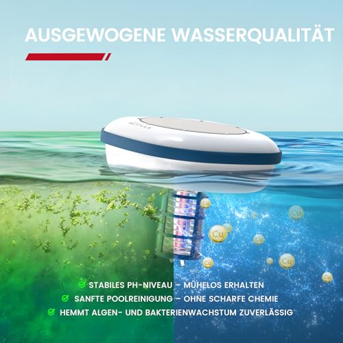 Enhulk Solar Pool Ionizer, Upgraded Floating Cleaner - Cleans Pools up to 170,000 Litres, Ideal for Above Ground Pools, Built-In Pools, Spas and Hot Tubs (Blue)
