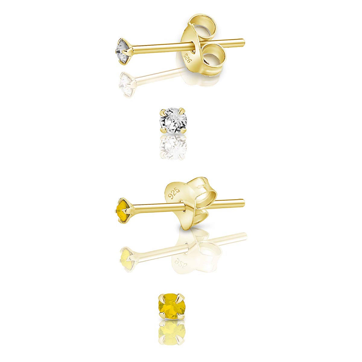 DTPSilver - Set of 2 PAIRS of 925 Sterling Silver Yellow Gold plated Round TINY Stud Earrings made with Glittering Crystals from Swarovski® Elements - Diameter: 2 mm - Colour : Yellow Opal