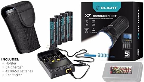 Rechargeable Kit: Olight X7 Marauder 9000 Lumen LED Flashlight Bundle with 4x HDC 3500mAh 18650 Batteries, C4 Smart Charger, Holster and LegionArms Battery case