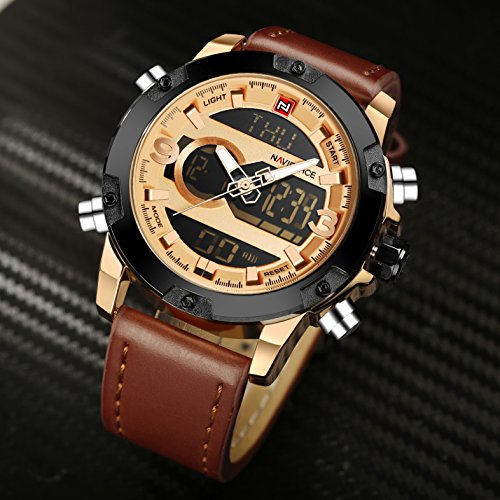 Tonnier Genuine Leather Band Analog Digital LED Dual Time Display Mens Watch, Brown&Gold