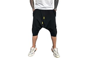 Familyhouse 3/4 Mens Hippie Pants Drop Crotch Harem Pants Genie Pants Mens Capri Cotton Baggy Shorts Wide Leg Trousers