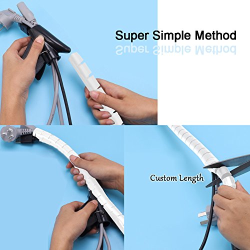 White Cable Wire Cover Cord Management Sleeve Electrical Wire Organizer Holder, VIWIEU Reusable & Expandable Desktop Spiral Tube Wire Hider with BONUS Clips For TV Computer Home Entertainment