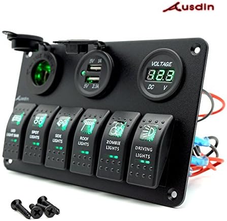 Switch Panel,Ausdin Professional Rocker Switch Panel Marine Switch Panel Dual USB 4.2A Charger Cigarette Lighter With Digital Voltmeter 6 Gang Design 14AWG Wiring Harness Pre-Wired Easy Installation
