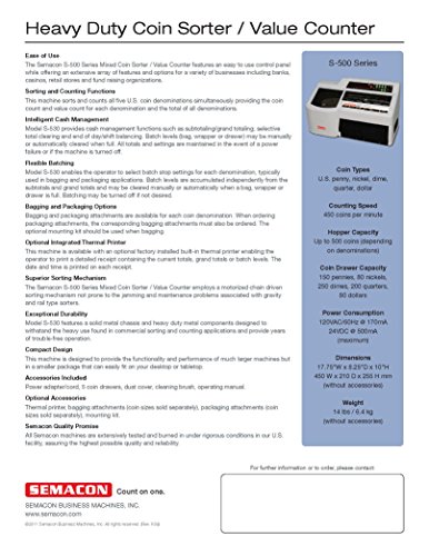 Semacon S-530P Model S-530 Heavy Duty Coin Sorter/Value Counter with Built-in Thermal Printer, Bagging and Packaging/Wrapping functions; Sorts mixed US penny, nickel, dime, quarter and dollar coins - Thumbnail 4