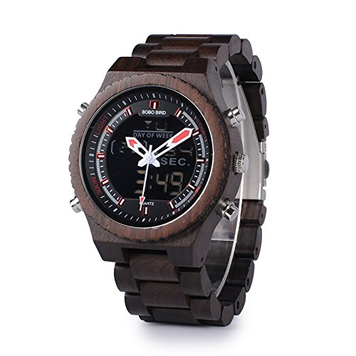 Wood Mens Watches LED Digital Dual Display Ebony Quartz Wooden Watches Army Military Business Sport Watch