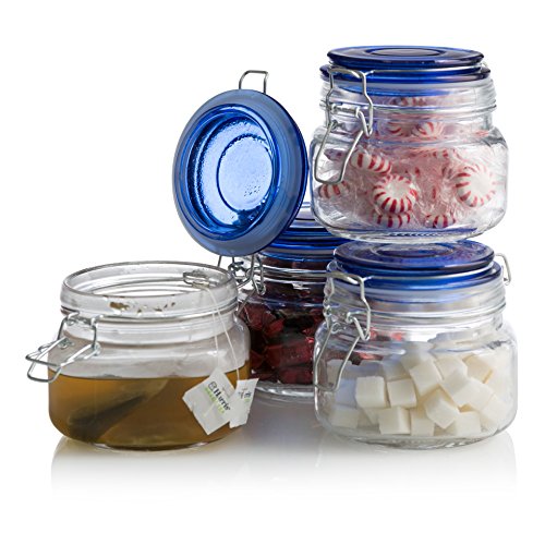 Klikel Square Glass Kitchen Storage Canister Jars - Crystal Clear Food Storage Jars With Blue Lid And Bail & Trigger Hermetic Seal - 16oz, (set of 4)