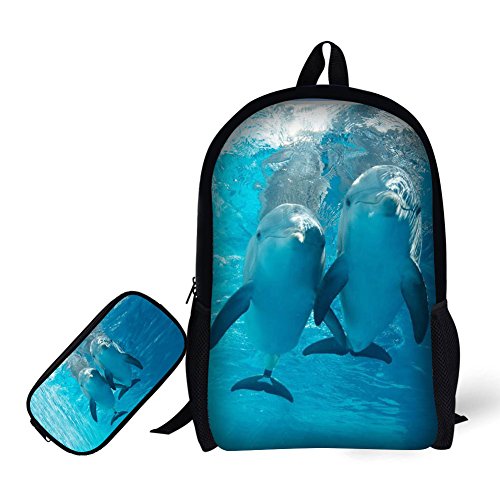 School Backpack, 3D Print Dolphin Pattern 17 Inch Bookbag with Pencil Bag