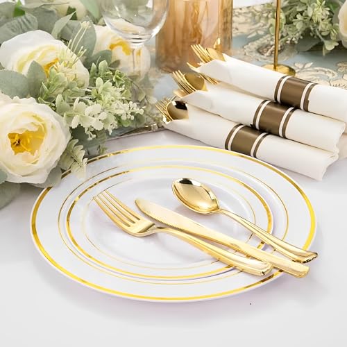 Beauenty 175 Piece Gold Plastic Dinnerware Set for 25 Guests,Elegant Disposable Dinnerware Set for Parties,Include:25 Dinner Plates,25 Dessert Plates,25 Pre Rolled Napkins with Cutlery Set,25 Cups