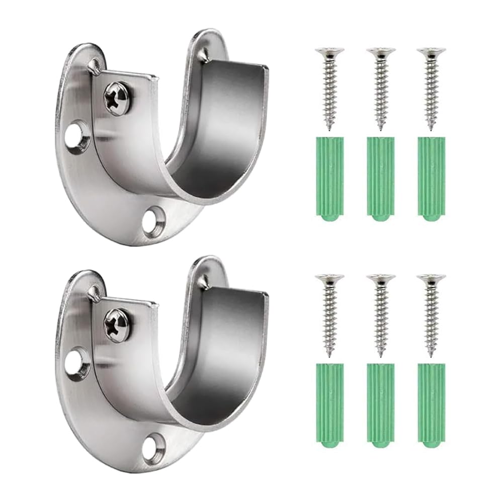 Closet Pole Sockets,2 pcs Stainless Steel Curtain Rail Brackets Curtain Pole Holders Wardrobe Rail and Fittings Wardrobe Pole Brackets,U Flange Rod Bracket for Ceiling Shower Rod 25mm