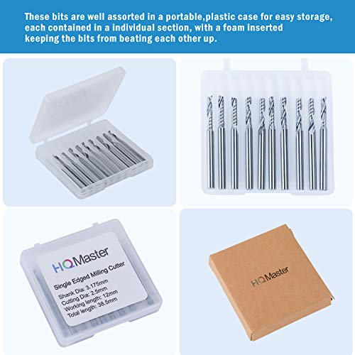 HQMaster CNC Router Bits, 10 Pack 1/8” Shank Spiral Upcut Router Bit Single 1 Flute End Mill Set