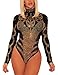 GLUDEAR Women's Sexy Rhinestone Sheer Mesh Long Sleeves Bodysuits Clubwear,Black,L