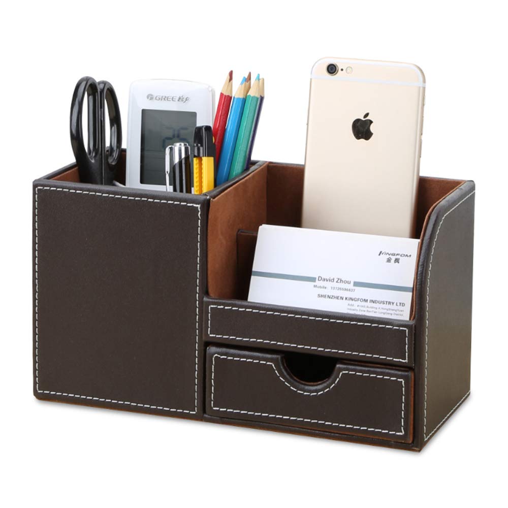 KINGFOM Desk Organiser Tidy Caddy Leather Pen Pencil Pots Holder Stationery Storage Office Desktop Supplies Organisers with Drawer Brown
