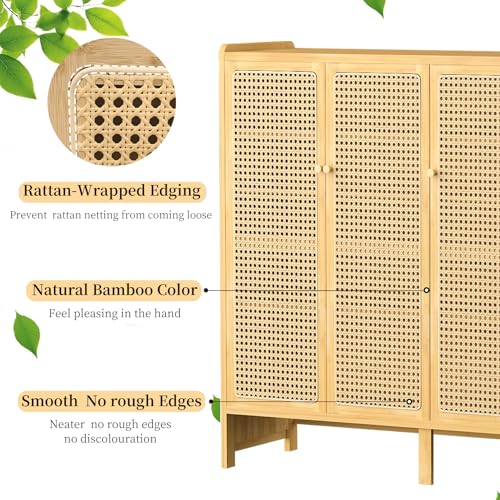 Bamboo Shoe Cabinet with Rattan Doors, 5-Tier Entryway Shoe Shelf Organizer, Storage Cabinet with Hooks Shoe Chest for Hallway Living Room Bedroom 90.5x35x107cm