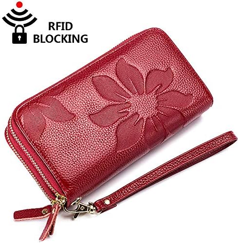 Women RFID Blocking Credit Card Holder Clutch Wallet Long Purse Genuine Leather Wristlet Ladies