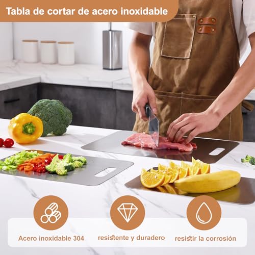 ZYJXLY Juego de 3 Tablas de Picar para Cocina,Tablas para Picar Cocina de Acero Inoxidable 304, Tabla De Cortar Acero Inoxidable,Titanium Cutting Board,Resistente, Fácil de Limpiar