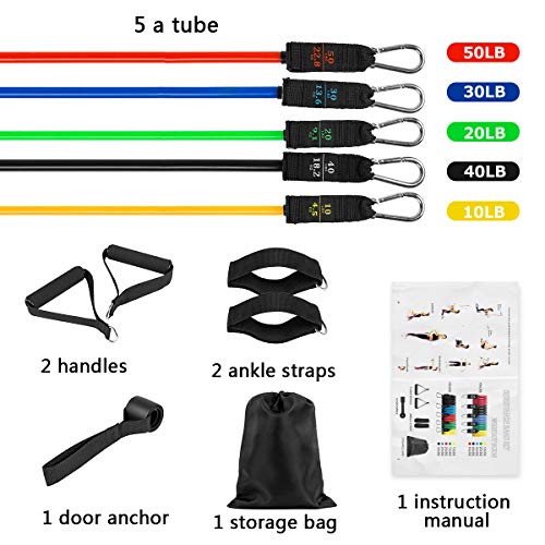 12 Pcs Resistance Band Set Men/Women, Resistance Band 5 Resistance Levels with Anchor Handles Ankle Straps 8-Shape Band for Training, Fitness, Home Gym, Yoga, Workout Bands, Up to 150 lbs