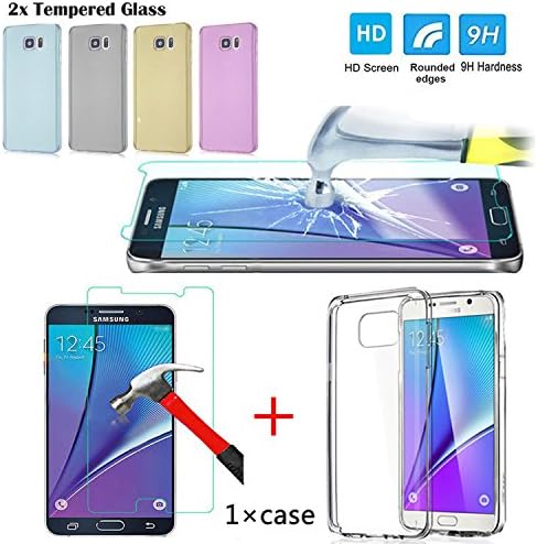 #1 Pure Shield® [3-Pack]-SALE HIGHEST QUALITY HD Case Cover for Note 5 With 2 Pieces Tempered Glass Screen protector for Note 5 inch Screen Glass &amp; Ulta Thin Clear HD Case (Clear) (Note 5, Gold)