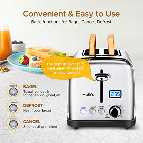 Toaster, HoLife 2 Slice Prime Rated Toasters [LCD Dispaly] Stainless Steel Bagel Toaster (6 Bread Settings, Bagel/Defrost/Reheat Function, 1.5" Wide Slots, Removable Crumb Tray, 900W, Silver) - Thumbnail 3