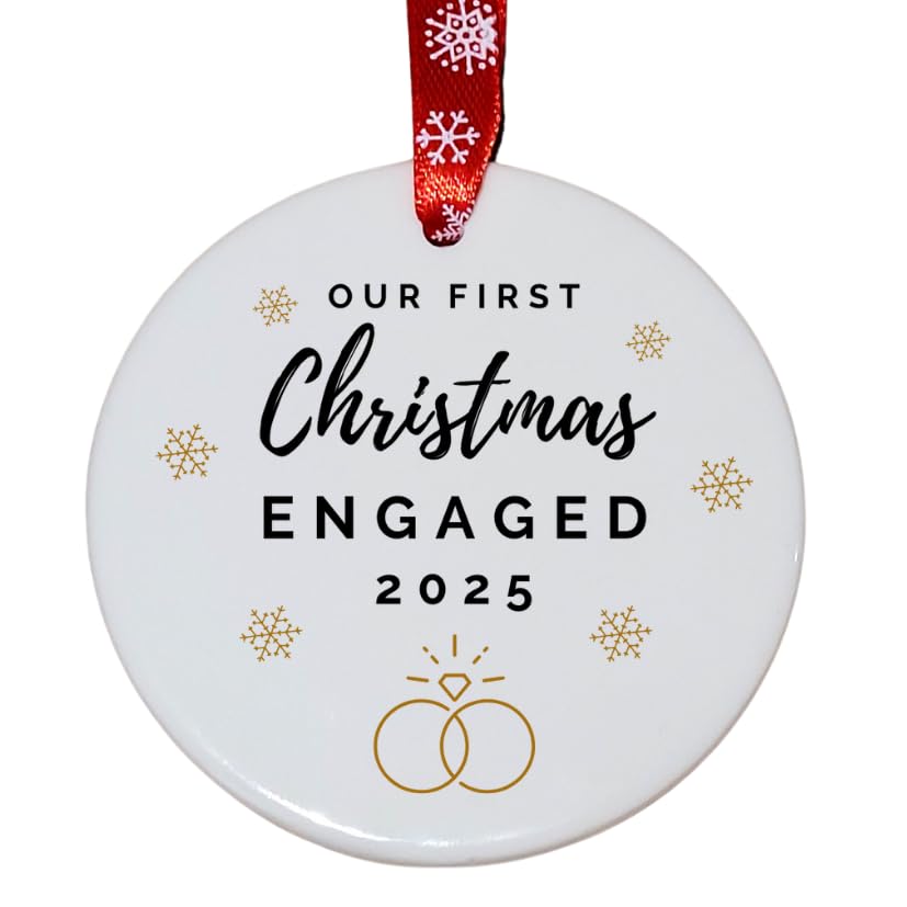 Second Ave First Christmas Engaged White Ceramic Hanging Circle Christmas Xmas Tree Decoration Bauble