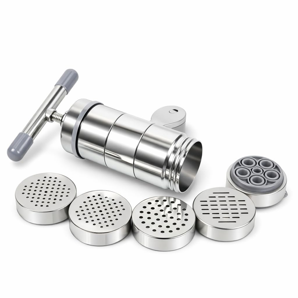 Stainless Steel Manual Pasta Maker, 18.5 x 14cm Noodle Making Machine with 5 Mold Heads, Fresh Fettuccine Spaghetti Lasagne Dough Roller Press for Home Kitchen