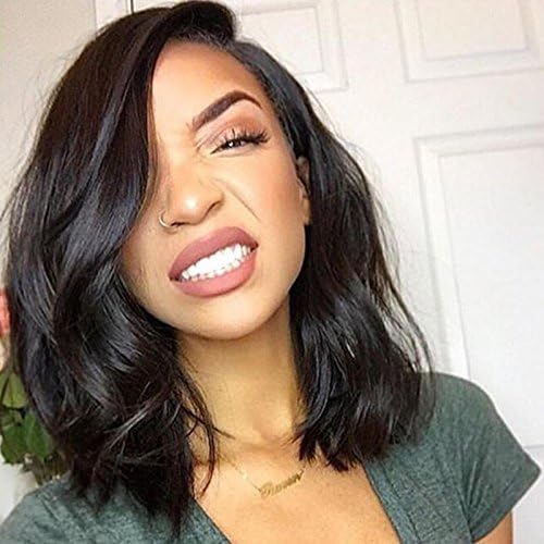 PlatinumHair-H 150% Density Natural Wave Lace Front Wigs-Glueless Brazilian Remy Human Hair Natural Short Bob Wave Lace Wigs With Baby Hair for Black Women (16 Inch natural color wig) (12, black)