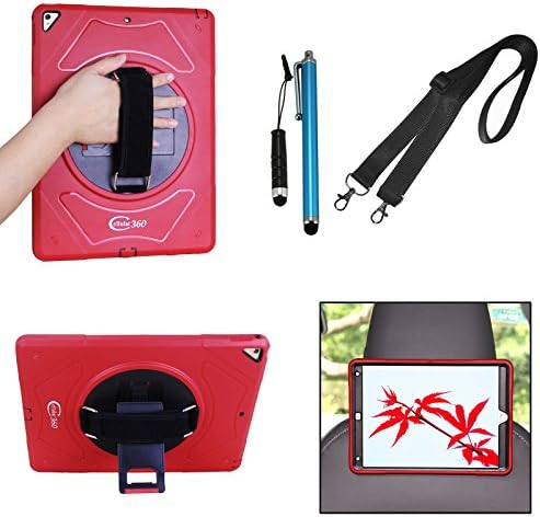 Cellular360 Drop Proof Case for Apple iPad Pro 12.9(2017 2nd Gen and 2015 1st Gen), Car Headrest Mount Case with 360 Degree Rotatable Kickstand, Adjustable Handle and Shoulder Strap (Black/Red)