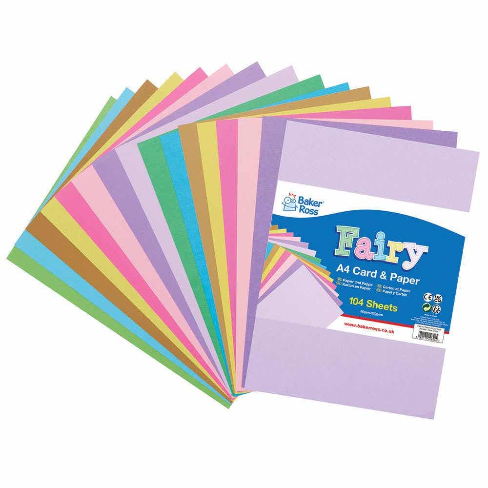Baker Ross FC480 Fairy A4 Card and Paper Pack - Pack of 104 Sheets, Girls Crafts, Arts and Crafts for Kids, School Supplies, Fairy
