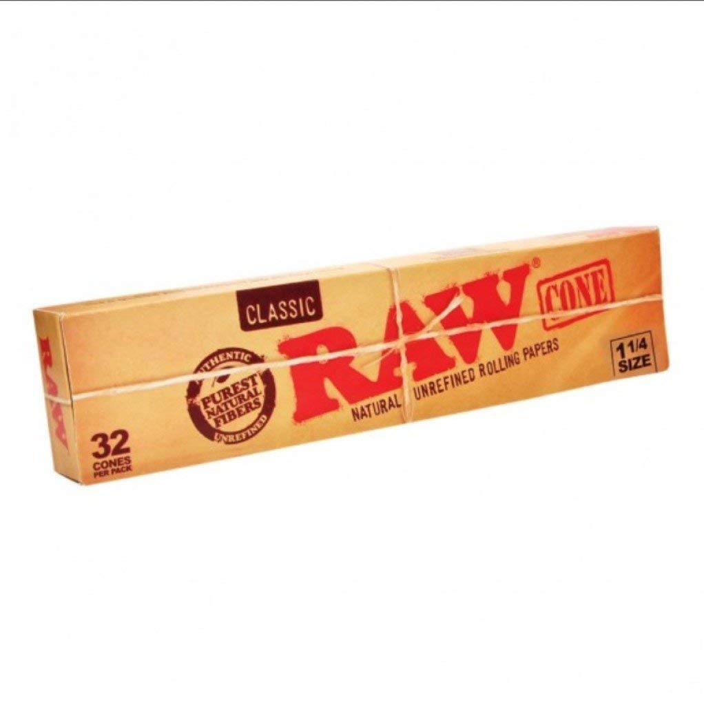 Raw Classic Natural Unrefined 1 1/4 Pre-Rolled Rolling Paper Cones 32 Per Box