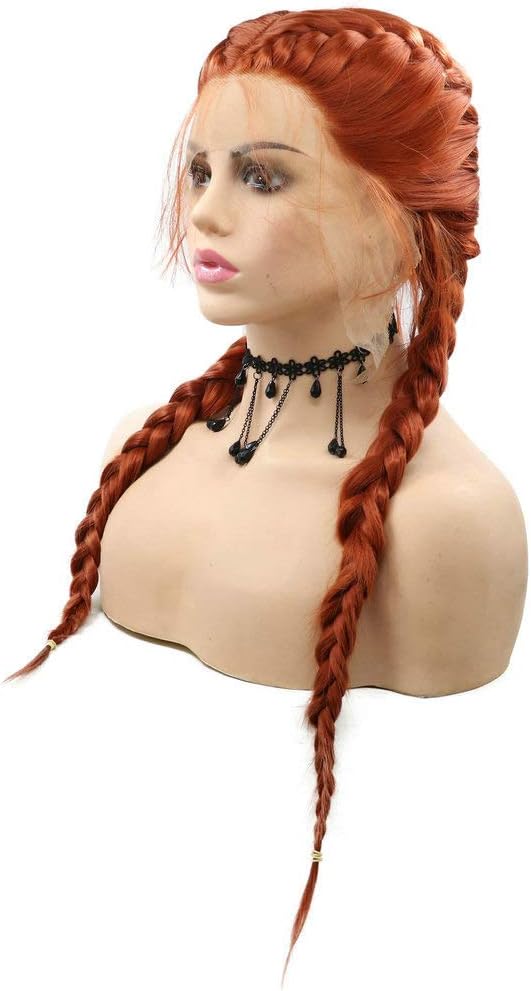 SereneWig Ladies 360# Dark Orange Double Braids Wigs with Baby Hair Synthetic Lace Front Wigs for Women Cosplay Daily Festival Copper Orange Braided Wigs Drag Queen - Image 4