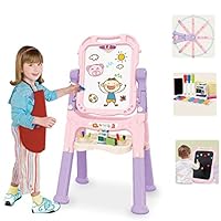 Youen Two-Sided Kids Easel with Magnetic Board, 360° Rotatable Adjustment Toddler Standing Art Drawing Board with 48 Pcs Accessories (Pink)